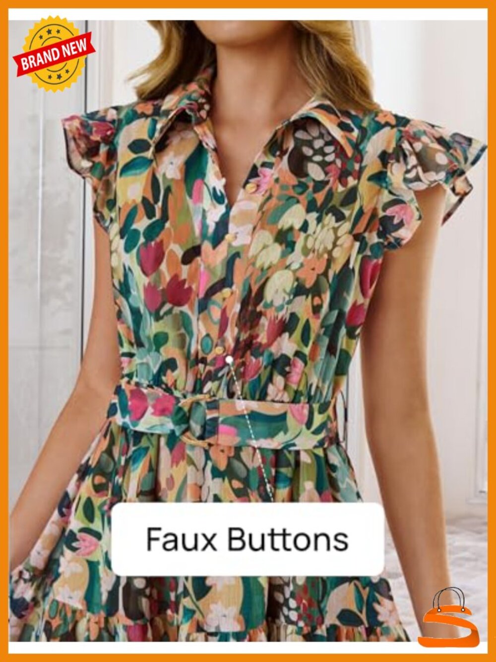 Floral Midi Dress Flutter Short Sleeve Chiffon Button Down A-Line Pleated - Picture 3 of 6